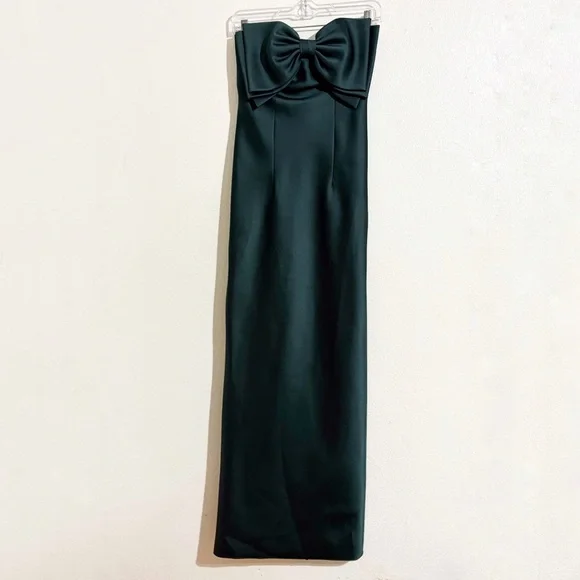 Alfred Sung Natasha Bow Detail Strapless Satin Twill Column Gown Evergreen D859 - Picture 4 of 10